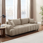 VANOMi Boucle Sofa Couch, 91" Comfy Tufted Upholstered Cloud Couches, Modern 3 Seater Sofa with Pillows, Oversized Deep Seat Sherpa Couch for Living Room, Bedroom, Apartment (Camel Color)