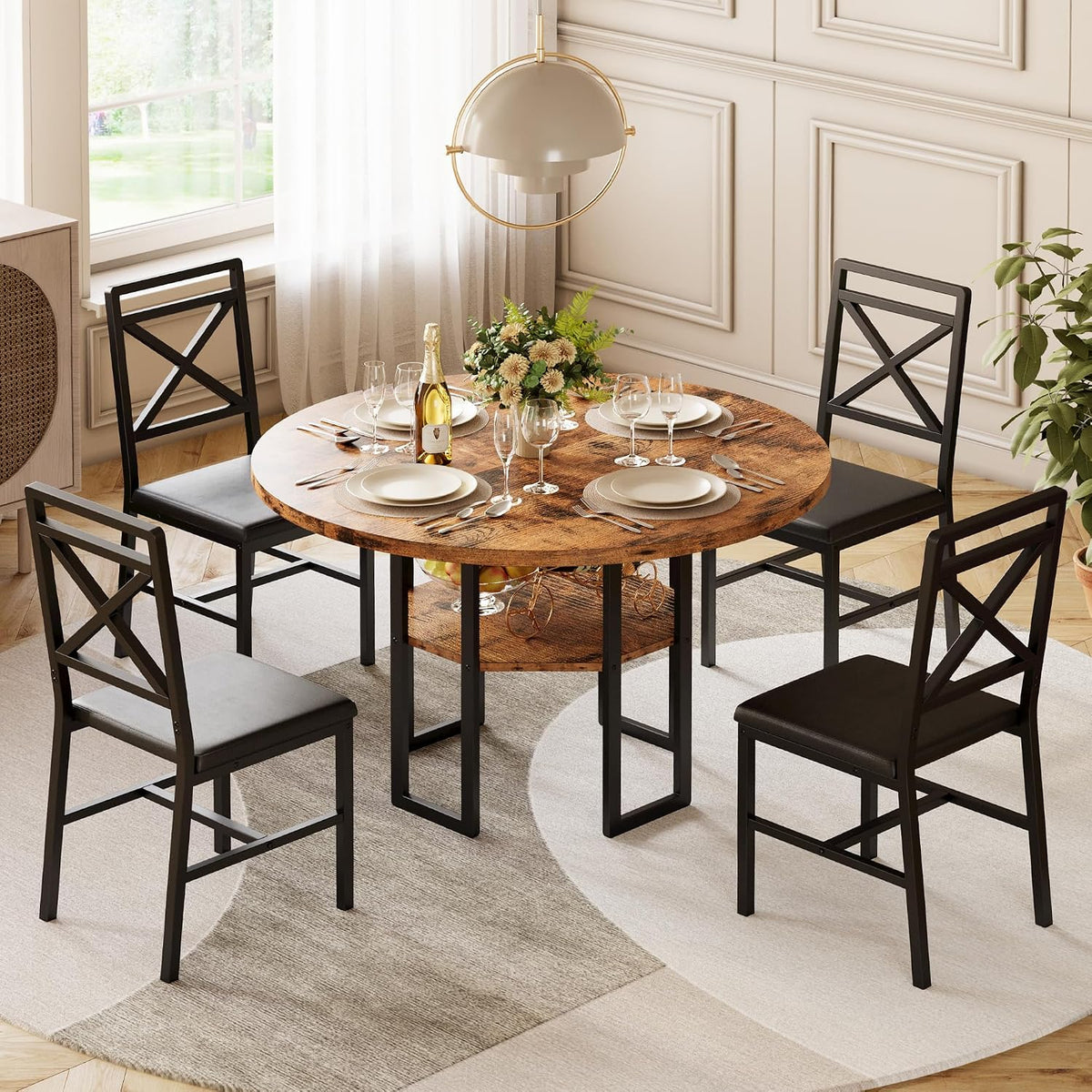 IRONCK Dining Table Set for 4, Round Dining Table and Chairs, Kitchen Table and Chairs for 4, 47 inch Cirecle Dining Room Table with 4 Chairs for Small Space
