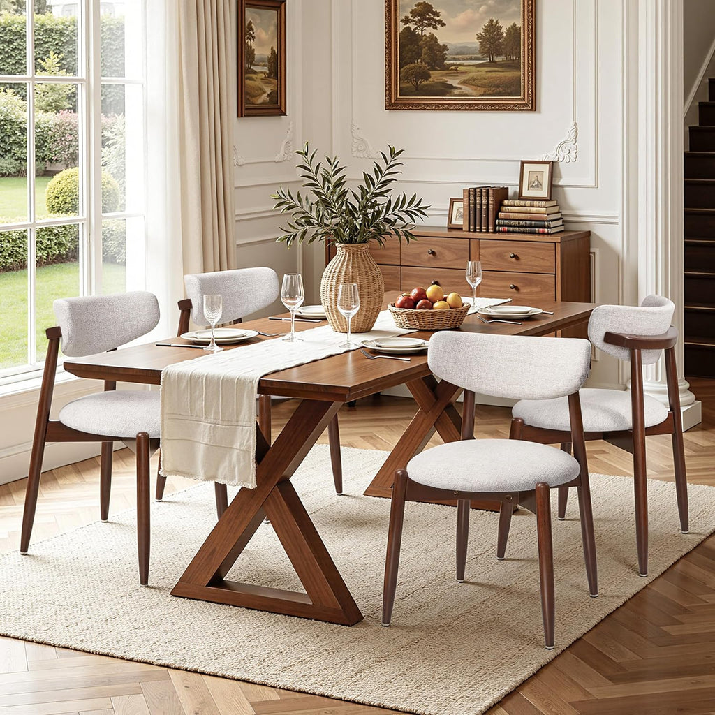 SUBRTEX Dining Chairs Set of 4,Upholstered Dining Room Chairs with Curved Backrest & Solid Wood Legs, Mid Century Modern Farmhouse Kitchen Chairs, Oatmeal & Walnut Legs