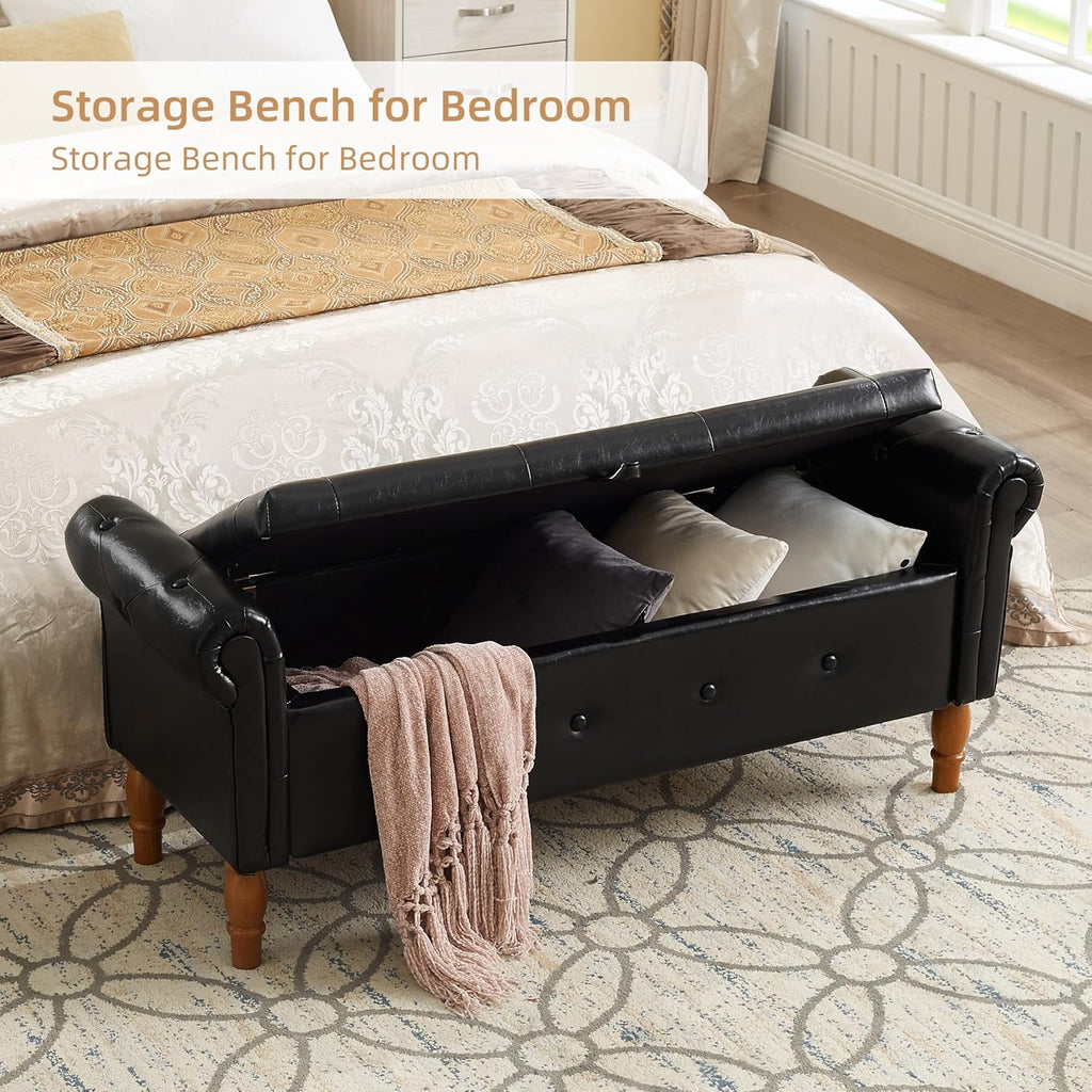 Storage Ottoman Bench, 50" Modern Upholstered End of Bed Bench, Faux Leather Rolled Armed Button-Tufted Ottoman with Storage for Living Room, Entryway, Window, Black