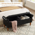 Storage Ottoman Bench, 50" Modern Upholstered End of Bed Bench, Faux Leather Rolled Armed Button-Tufted Ottoman with Storage for Living Room, Entryway, Window, Black
