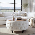 Large Round Storage Ottoman Coffee Table with Wooden Tabletop, 32 Inches Teddy Fleece Tufted Ottoman for Living Room, Bedroom, Apartments (White)