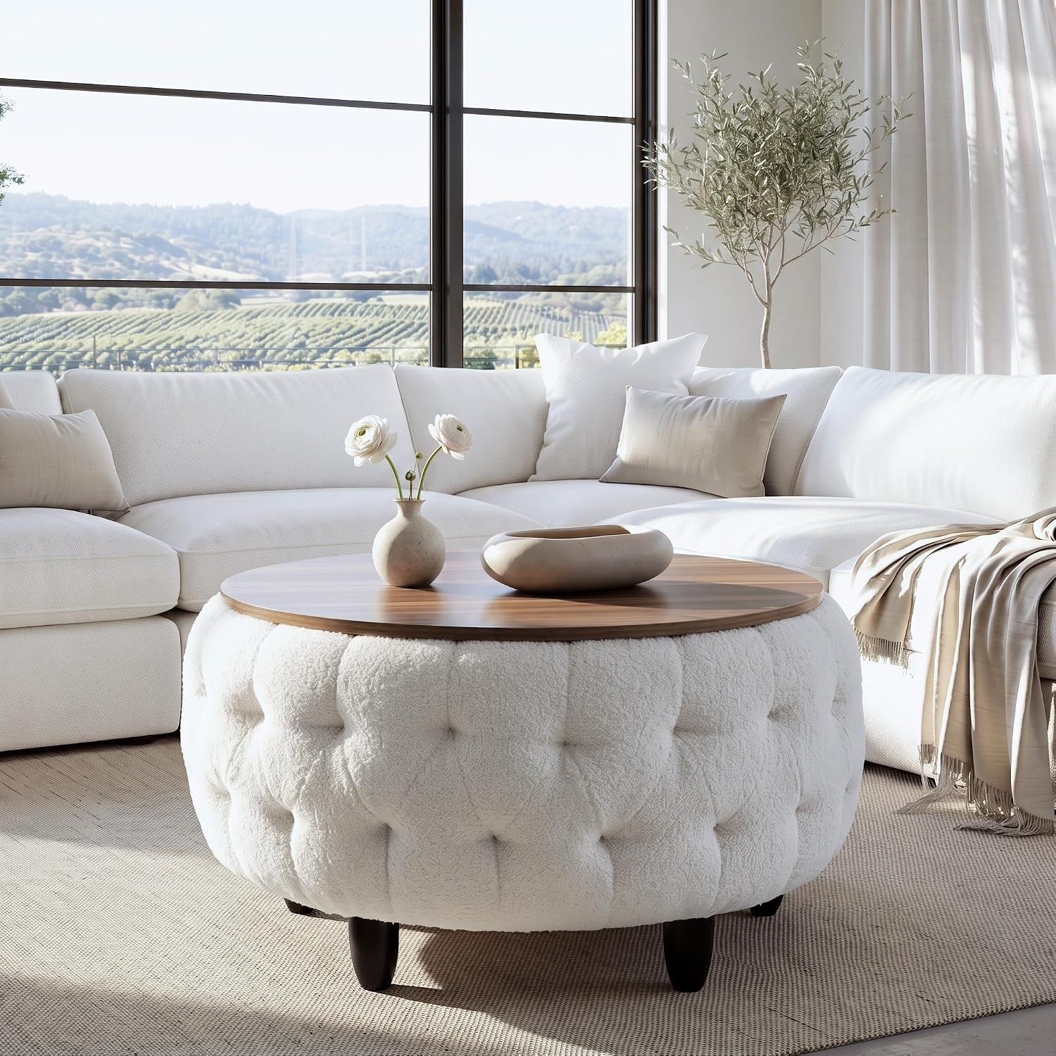 Large Round Storage Ottoman Coffee Table with Wooden Tabletop, 32 Inches Teddy Fleece Tufted Ottoman for Living Room, Bedroom, Apartments (White)