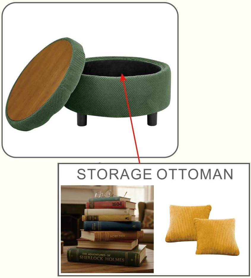 25Inch Round Storage Ottoman with Tray, ModernTufted Fabric Circle Coffee Table with Storage, Upholstered Ottoman with Removable Top for Living Room, Bedroom. (Dark Green + Wood+Fabric + Foam)