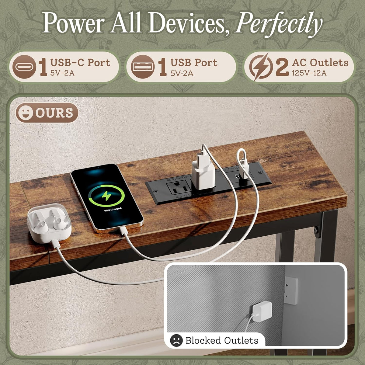 Huuger 118.1 Inch Behind Couch Table with 2 Power Outlets and USB-C Ports, Extra Long Narrow Sofa Table for Sectional Sofa, Skinny Console Table with Anti-Bump Pads, for Living Room, Rustic Brown