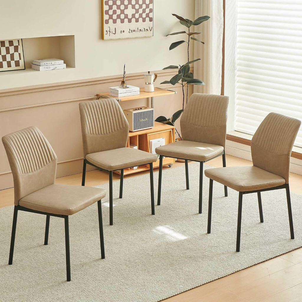 Comfortable Dining Chairs Set of 4 Upholstered Faux Leather Cushion Seat | Ergonomic Design, Easy Assembly, Stain Resistant Material - Beige