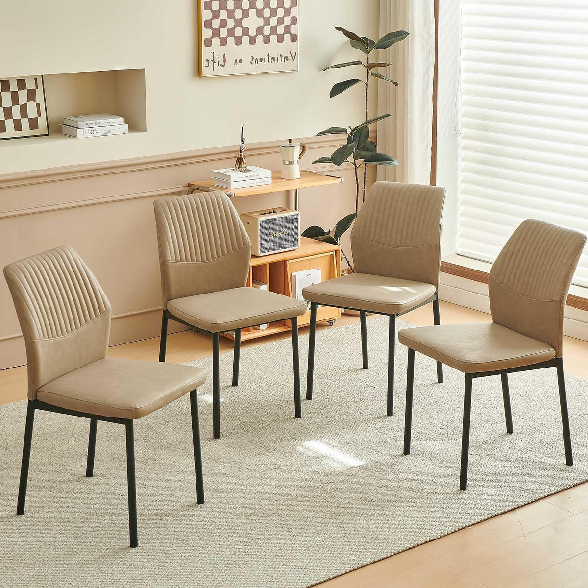 Comfortable Dining Chairs Set of 4 Upholstered Faux Leather Cushion Seat | Ergonomic Design, Easy Assembly, Stain Resistant Material - Beige