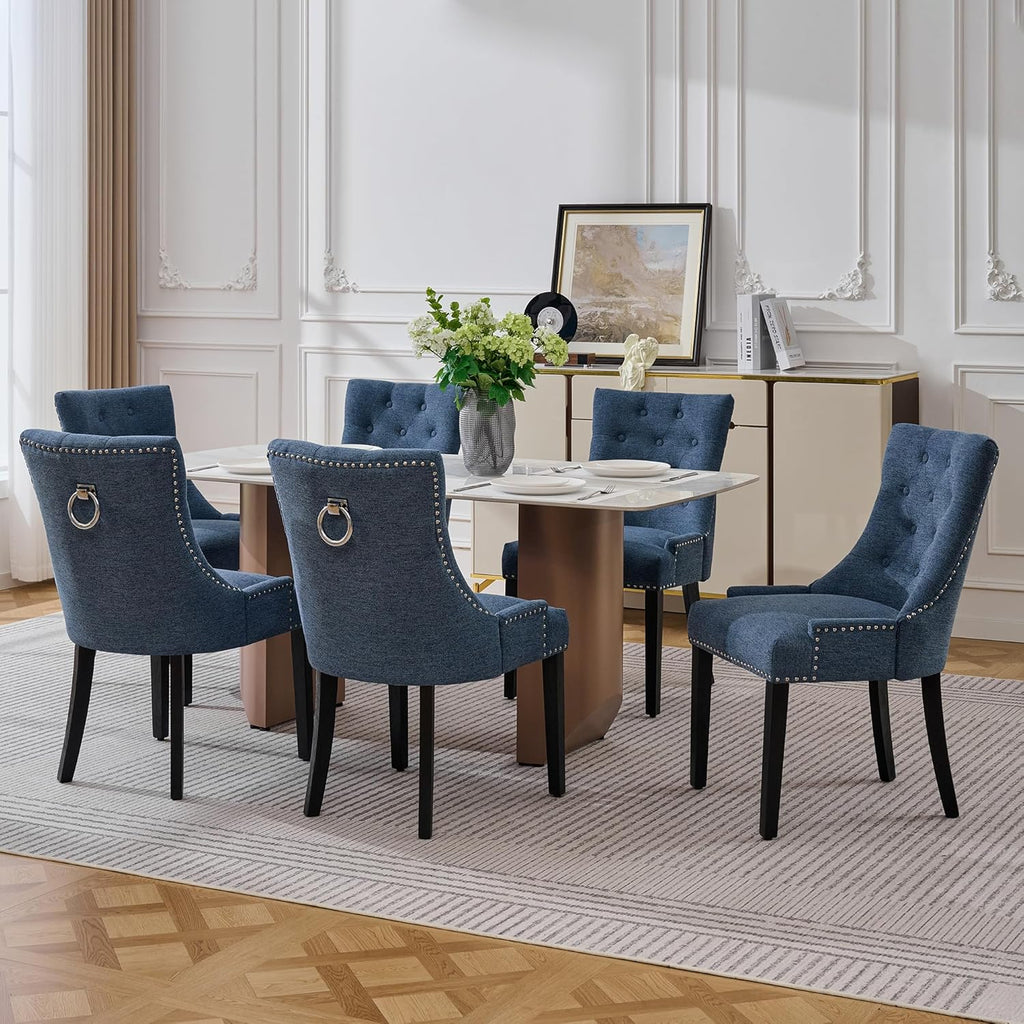 adochr Dining Chairs Set of 6, Upholstered Fabric Dining Room Chairs with Nailhead High Back & Ring Pull & Wooden Legs, Mid-Century Modern Kitchen Chairs for Restaurant, Living Room, Navy Blue