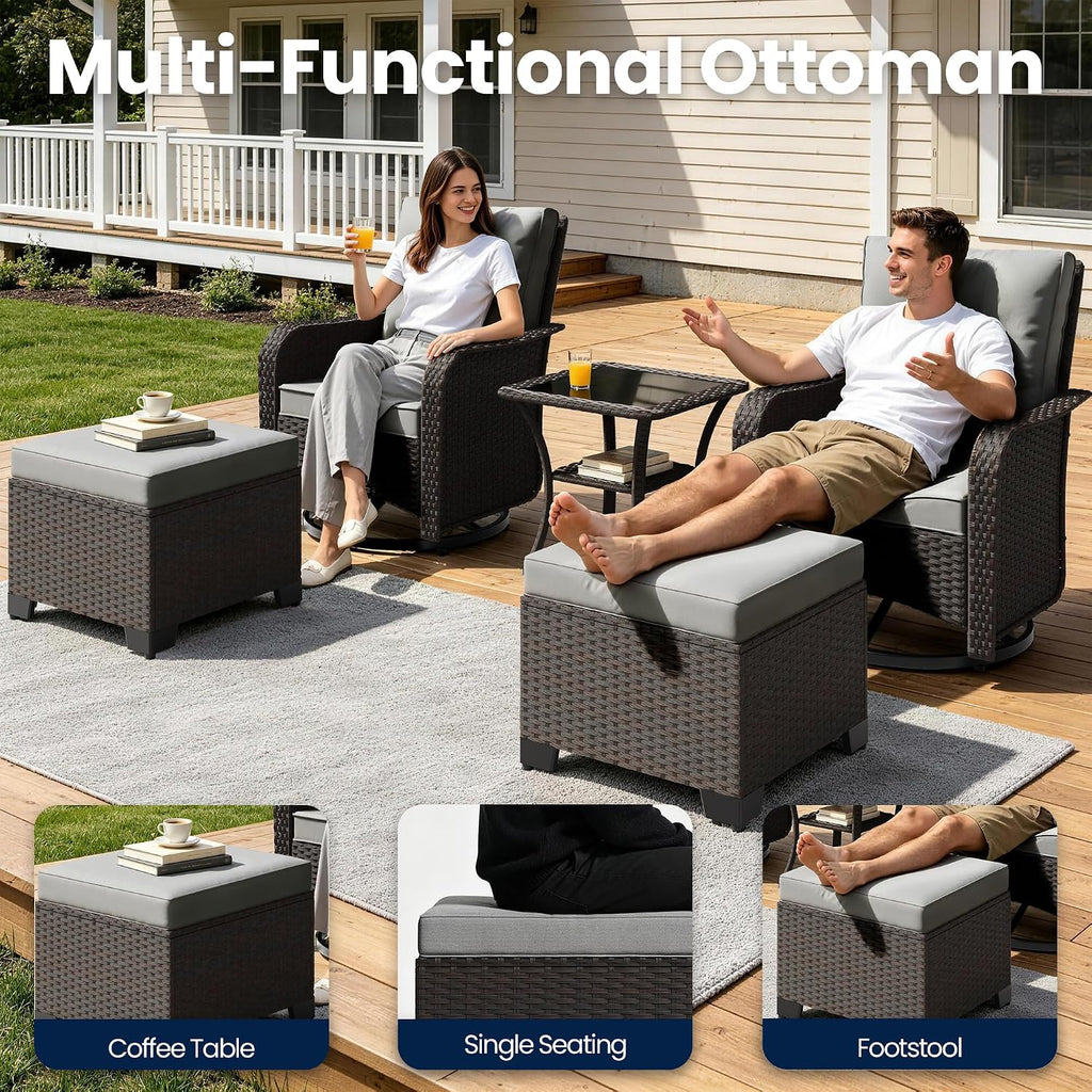 Gotland Outdoor Swivel Chairs Set of 2, 5 Pieces Patio Furniture Set with Ottomans Rattan Coffee Table Thick Cushion, Outdoor Swivel Rocker Wicker Patio Bistro Set for Balcony Porch, Grey