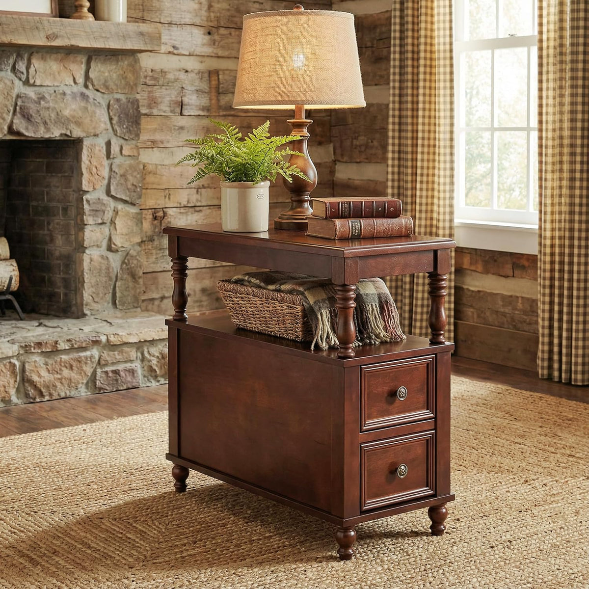 Tribesigns Wood End Table with 2 Drawers, Mid-Century Wooden Slim Side Table Nightstands with Storage Shelf, Accent Table for Living Room, Easy to Assemble (2)