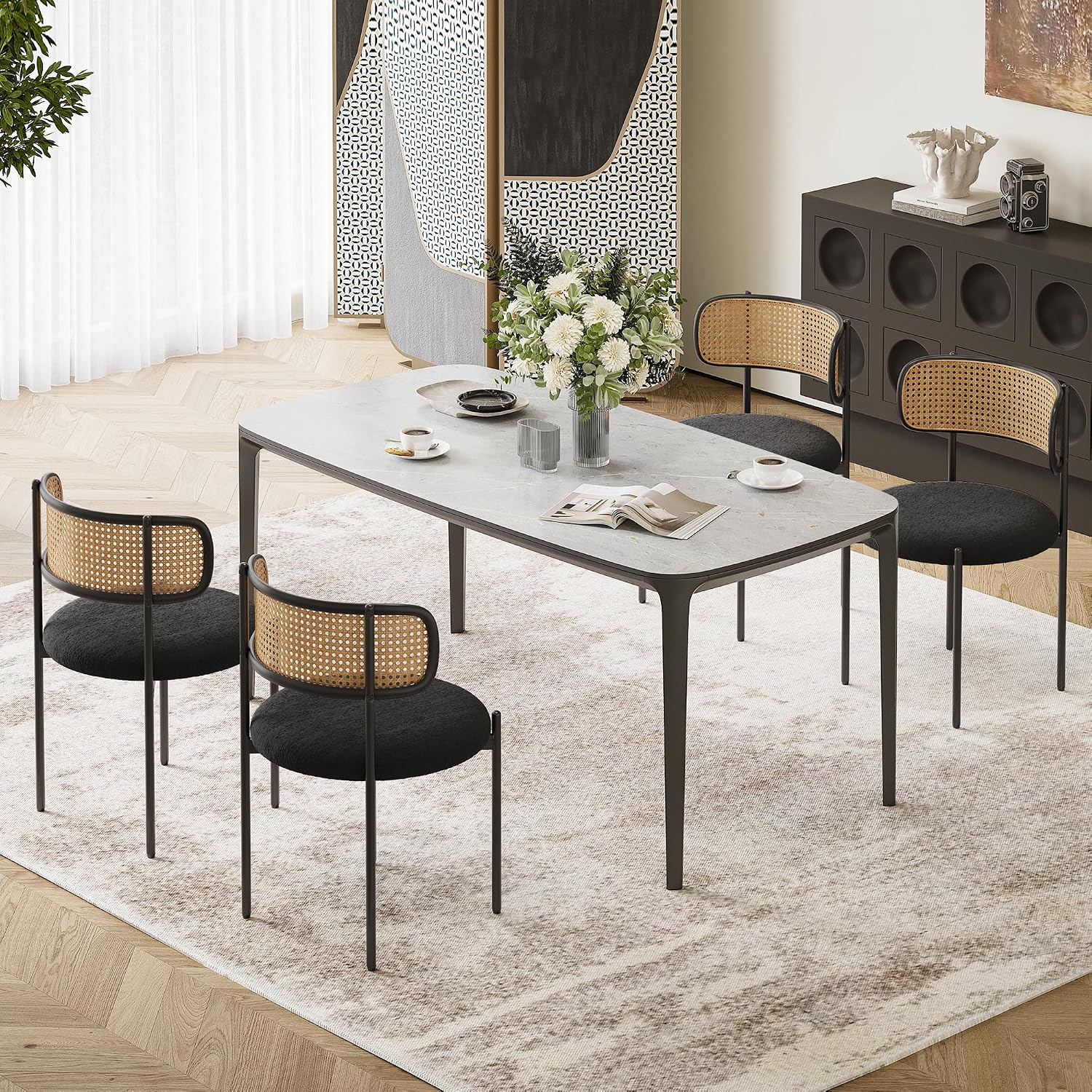 Farini Dining Chairs Set of 4,Mid-Century Modern Kitchen Chair Rattan Backrest Round Upholstered Sherpa Dining Chairs with Metal Legs,Black