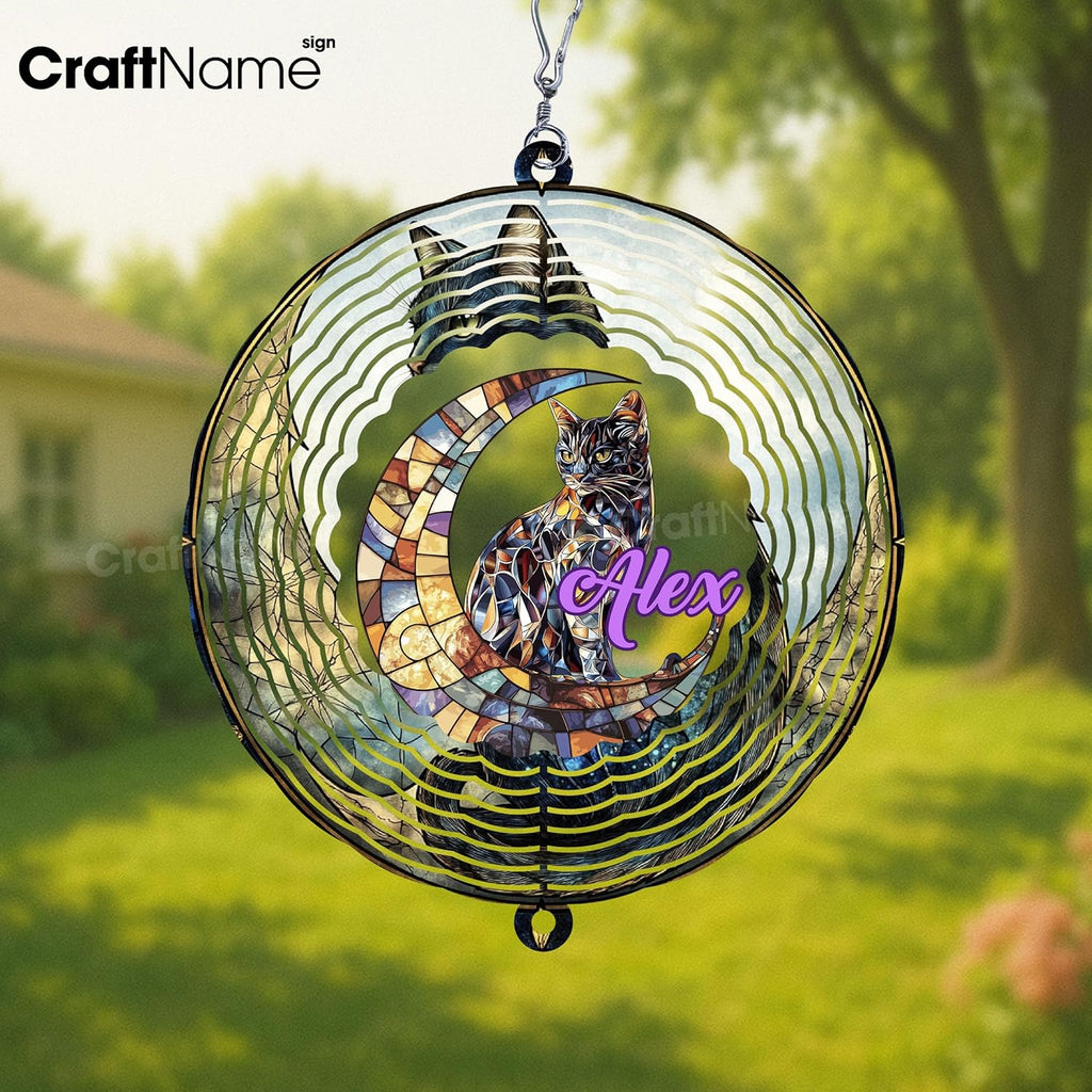 Personalized Cat & Moon Wind Spinner 3D Stainless Steel, Cat Garden Spinner Hanging Outdoor Decor, Wind Spinners Outdoor, Custom Gift for Grandmother, Mom, Wife