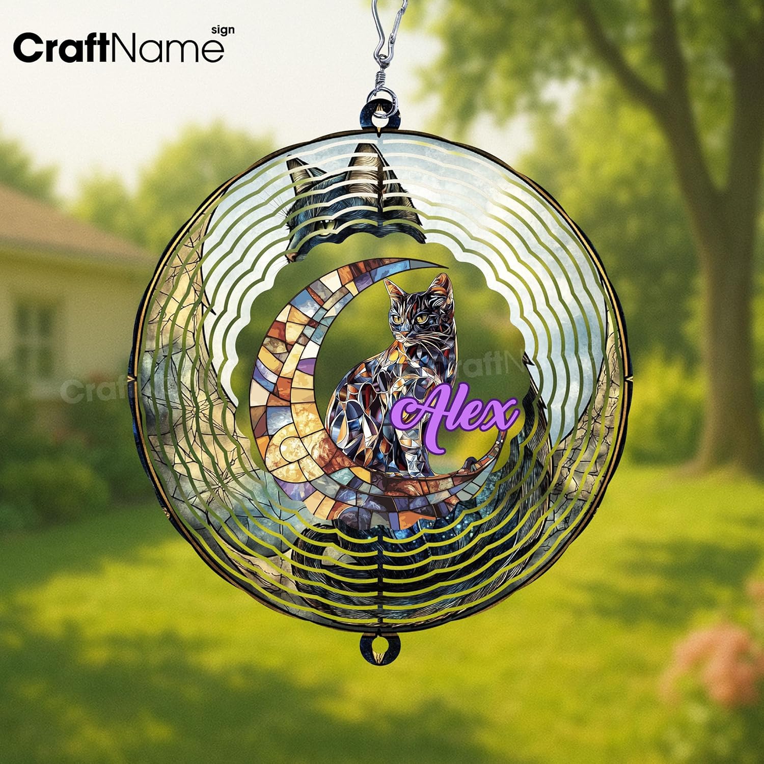 Personalized Cat & Moon Wind Spinner 3D Stainless Steel, Cat Garden Spinner Hanging Outdoor Decor, Wind Spinners Outdoor, Custom Gift for Grandmother, Mom, Wife