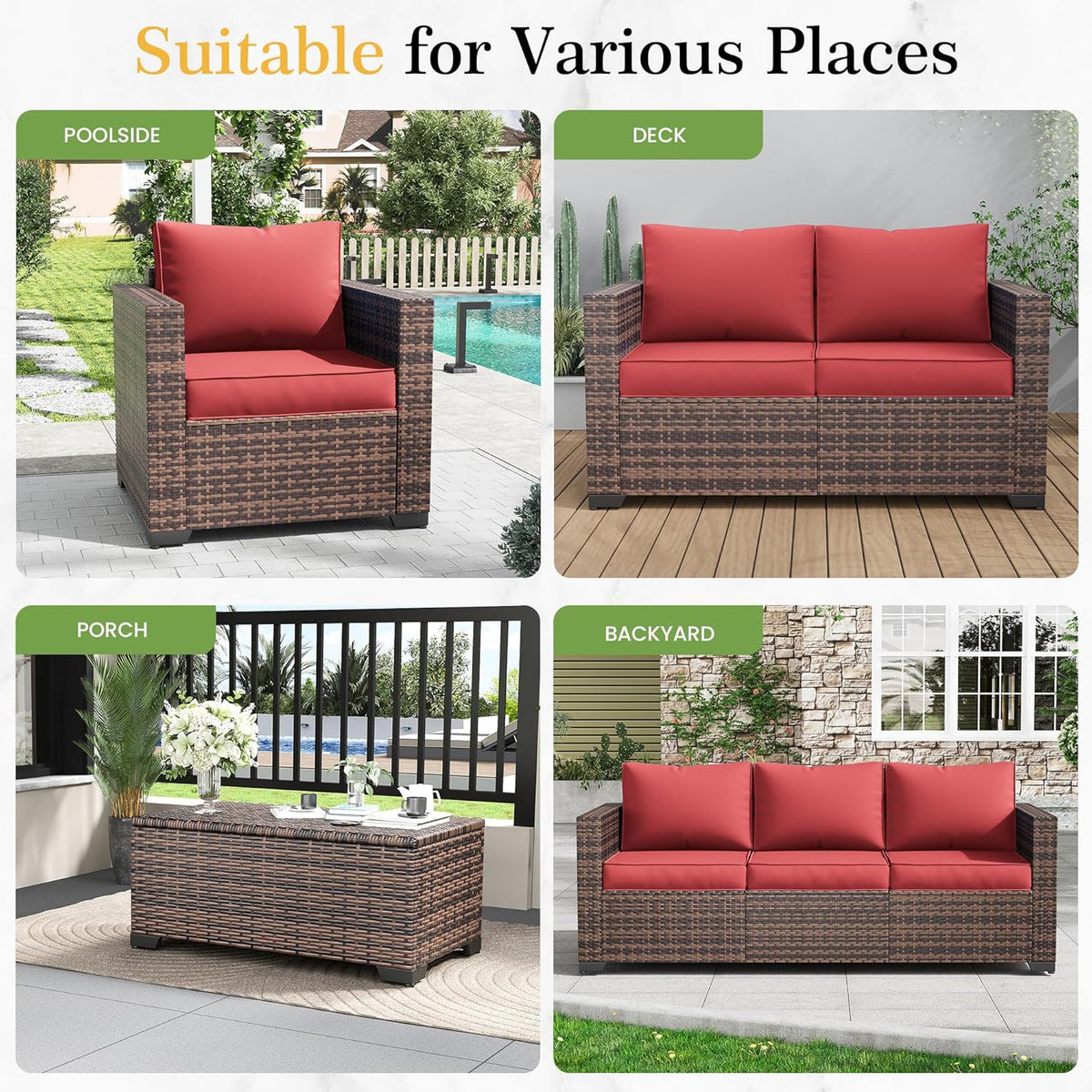 Amopatio 2 Pieces Outdoor Ottoman for Patio, Foot Rest for Couch, All Weather Outdoor Patio Footstool Rattan Patio Ottoman with 4" Thick Removable Cushion (Burgundy)