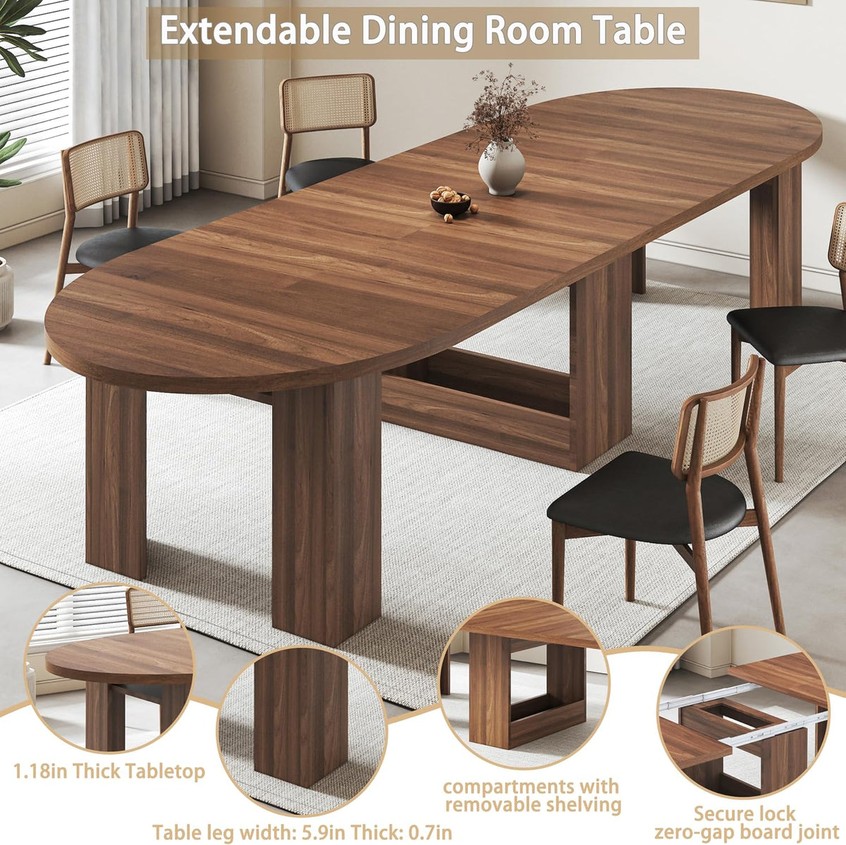 47-118 Inch Round Extendable Dining Table for 4-12, Kitchen Table with Wood Strip Base, Modern Oval Dining Room Table for Kitchen Living Room, Walnut