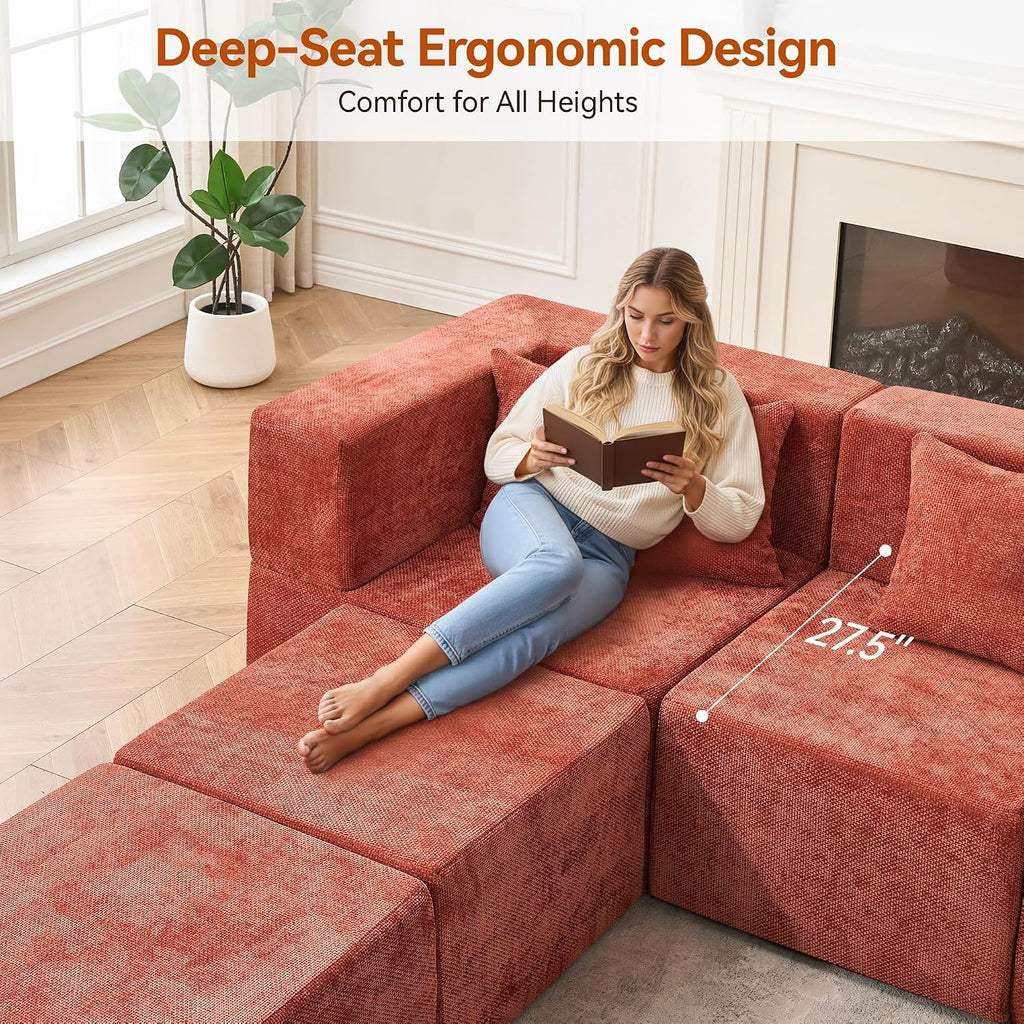 MONVANE Modular Sectional Cloud Couch for Living Room - 130'' 6 Seater Convertible Chenille Couches Set with Ottoman, No Assembly Compression Sofas, Comfy Floor Sofa with Memory Foam, Rust Red