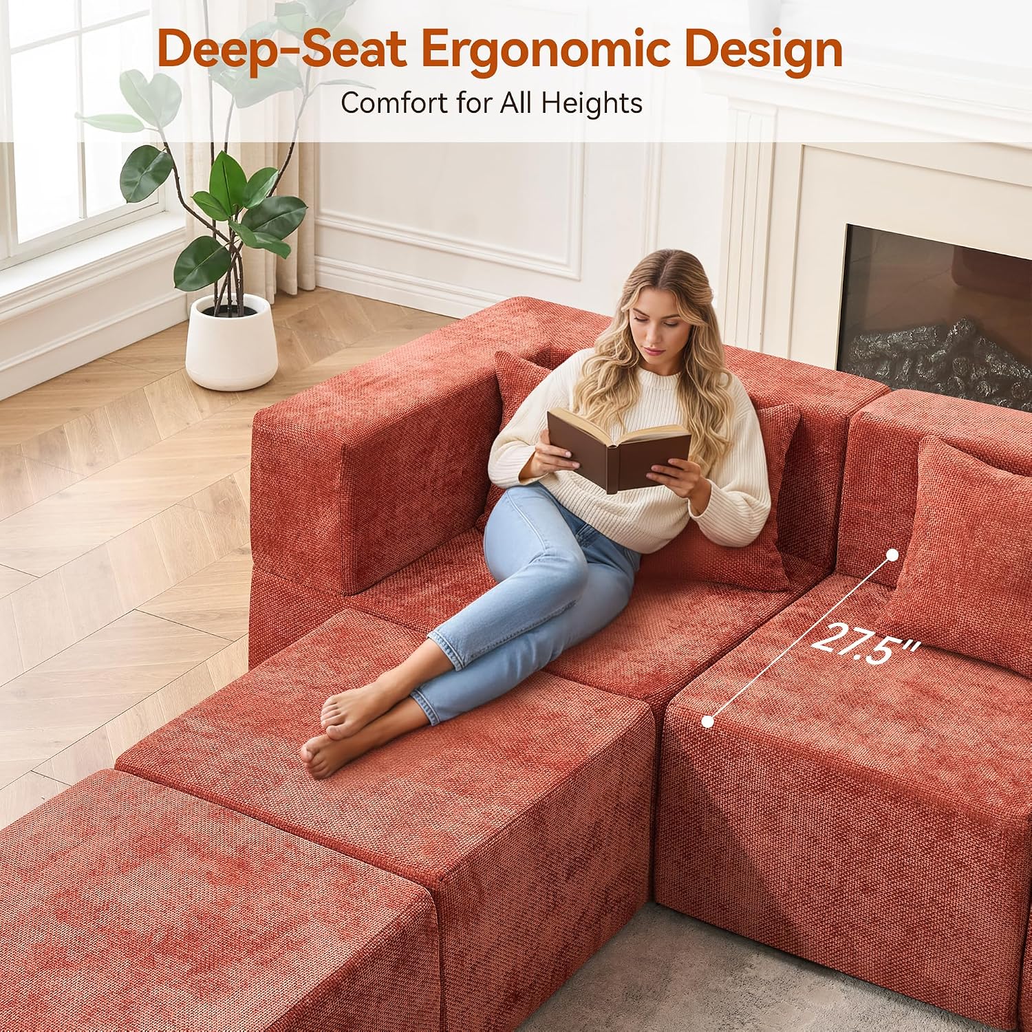MONVANE Modular Sectional Cloud Couch for Living Room - 130'' 6 Seater Convertible Chenille Couches Set with Ottoman, No Assembly Compression Sofas, Comfy Floor Sofa with Memory Foam, Rust Red
