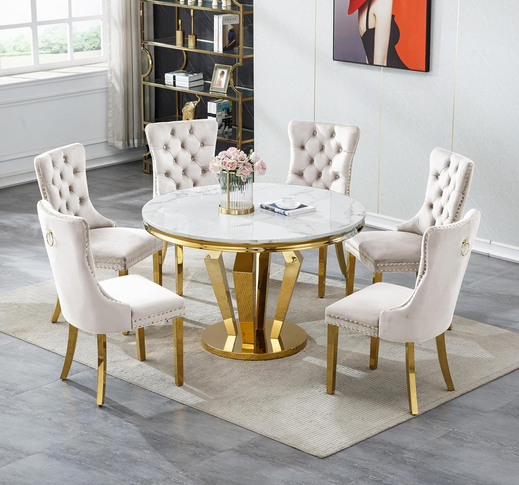 Henf Luxury Round Dining Table for 4-6 White Gold 45" Faux Marble Kitchen Table with Mirrored Stainless Steel Legs, Contemporary Modern Circle Dining Room Table (Table Only)