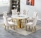 Henf Luxury Round Dining Table for 4-6 White Gold 45" Faux Marble Kitchen Table with Mirrored Stainless Steel Legs, Contemporary Modern Circle Dining Room Table (Table Only)