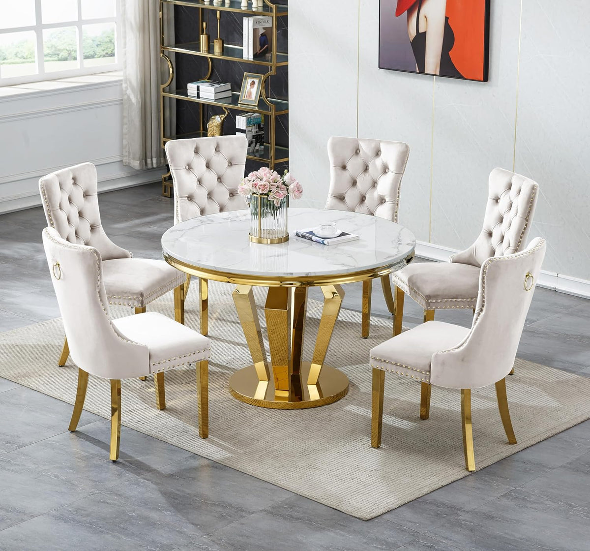 Henf Luxury Round Dining Table for 4-6 White Gold 45" Faux Marble Kitchen Table with Mirrored Stainless Steel Legs, Contemporary Modern Circle Dining Room Table (Table Only)