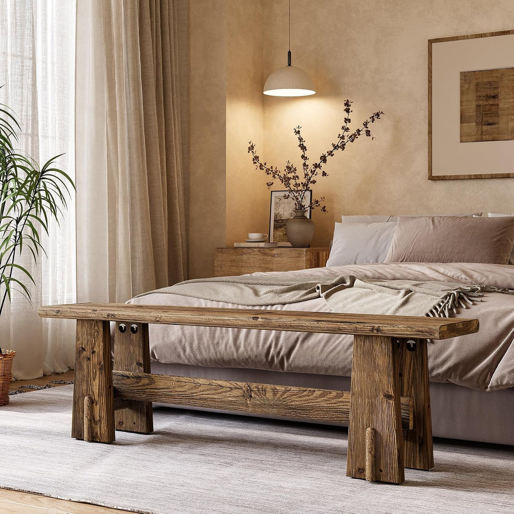 LITTLE TREE 59" Solid Wood Bench, Farmhouse Entryway Bench, Long Retro Bench for End of Bed, Dining Room, Entryway, Hallway, Living Room, Bedroom, Kitchen, Sturdy Frame Design, Rustic Brown