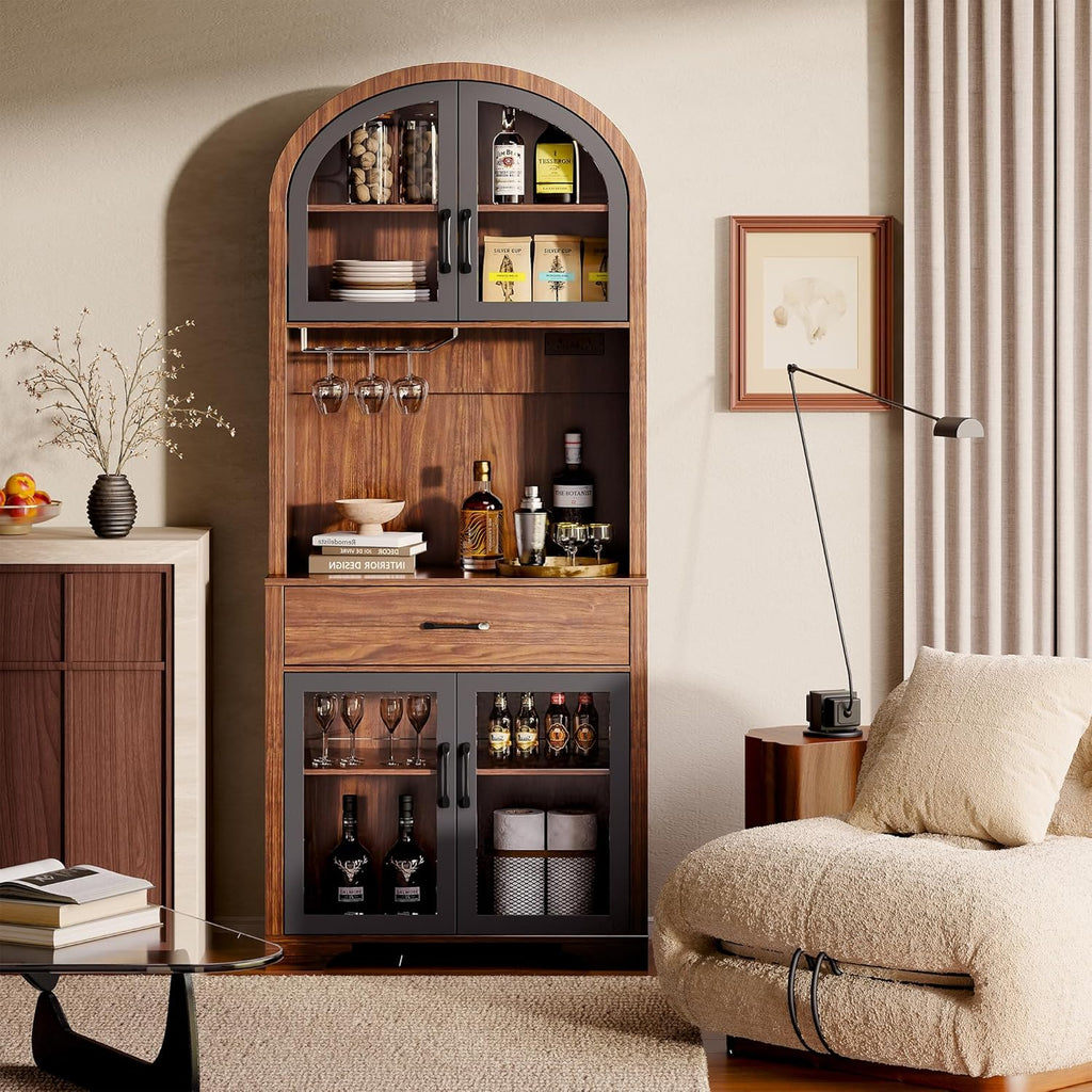 Arched Kitchen Pantry Cabinet, Kitchen Hutch Storage Cabinet with Countertop and Charging Station, Tall Coffee Bar Cabinet with Storage, Dining Room Kitchen Hutch Cabinet with Storage