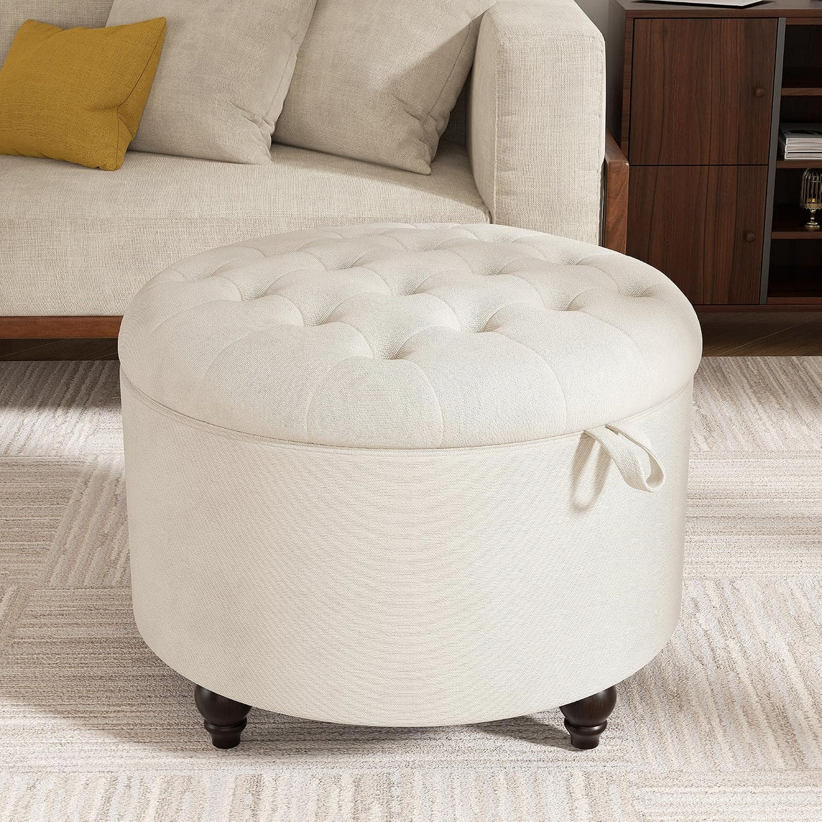 24 Inch Round Storage Ottoman,Modern Tufted Ottomans,Circular Coffee Table with Removable Top,Upholstered Large Ottoman with Storage Footrest Stool for Bedroom Living Room (White)