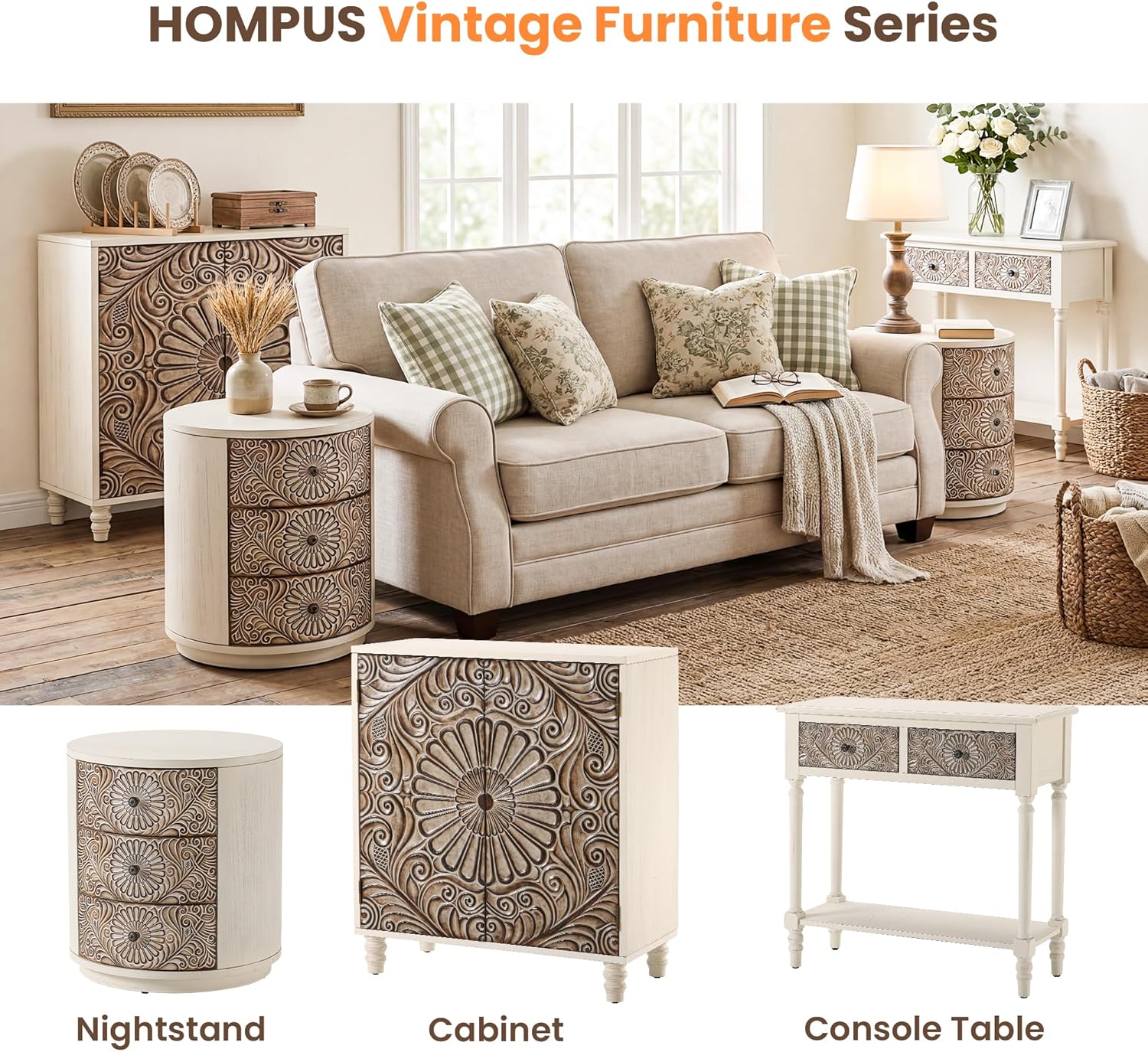 HOMPUS Round End Table Set 2, Fully Assembled Nightstand w 3 Storage Drawers, Farmhouse Wood Dresser Set of 2, Vintage Nightstand Bedside Tables, Aceent End Tables for Bedroom, Rustic White