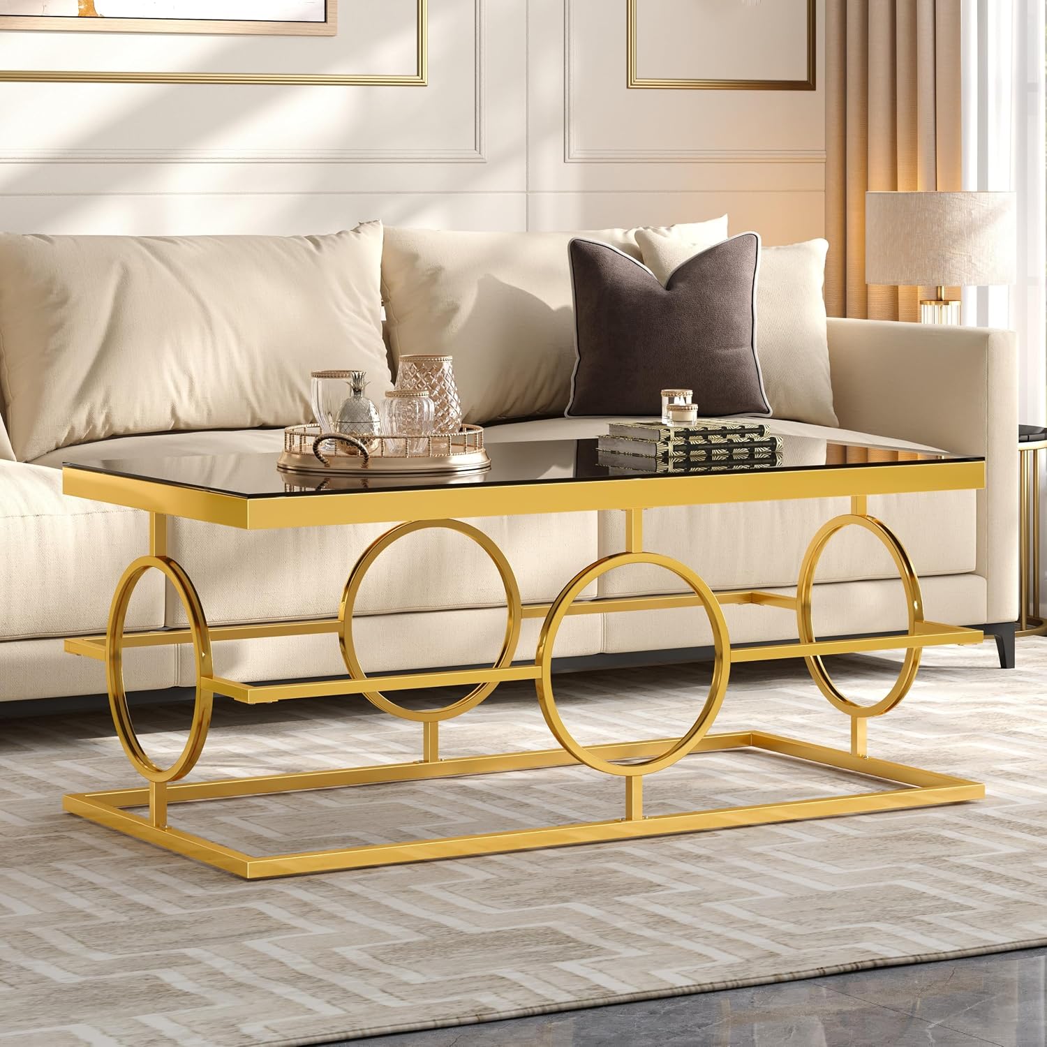 Glass Nesting Coffee Table Set with Metal Frame & Glam Design, Gold & Black | Modern Round Cocktail Center Table with Tempered Glass, Luxury for Living Room & Home Decor