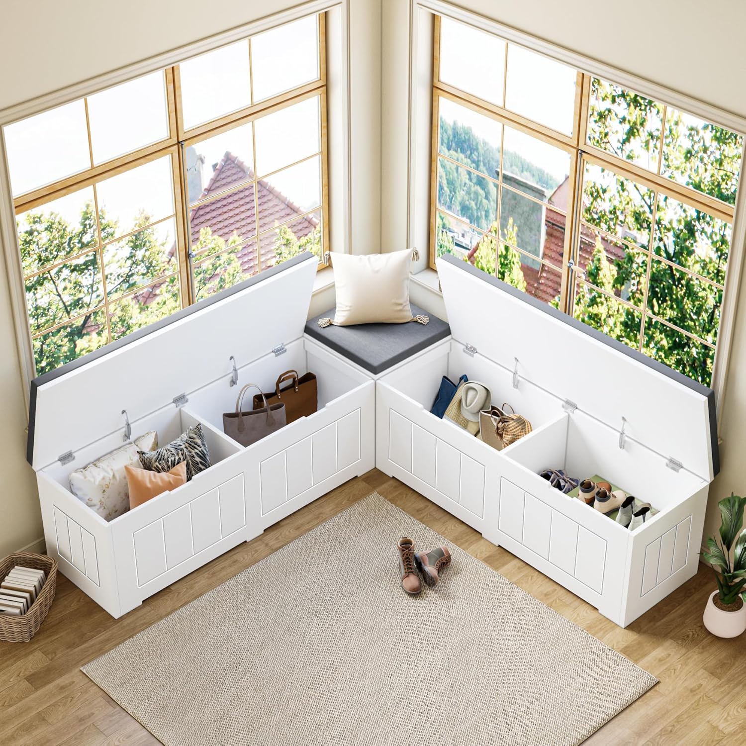 L Shaped Corner Storage Bench with Cushion, Breakfast Nook Bench, Kitchen Banquette Dining Seating with Hidden Storage, Flip-Top Shoe Storage Benches for Entryway Cloakroom