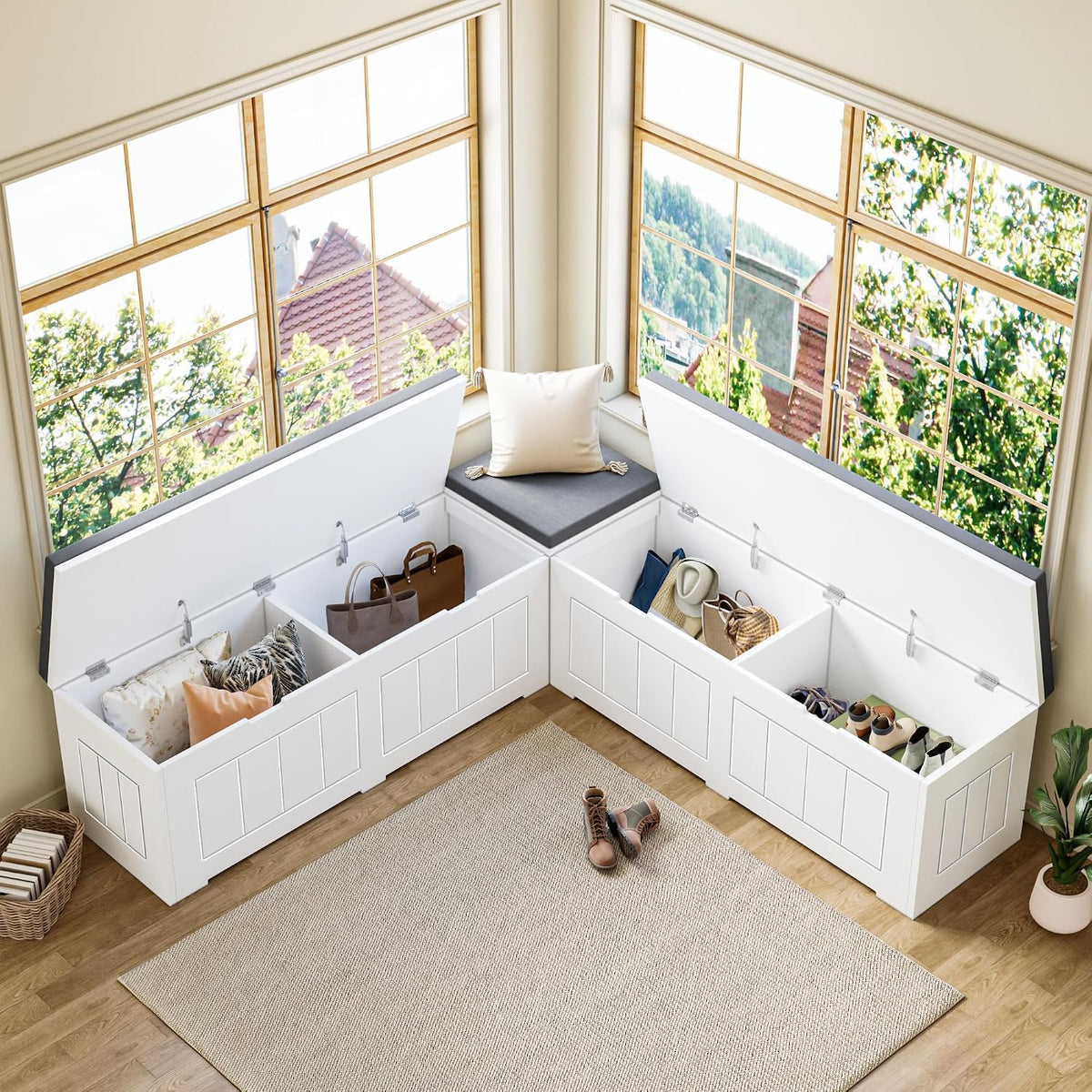 L-Shaped Corner Storage Bench Compartments & Cushioned Seat, Kitchen Breakfast Nook Bench with Hidden Storage, Wood Flip-Top Shoe Benches for Entryway Cloakroom, White & Grey