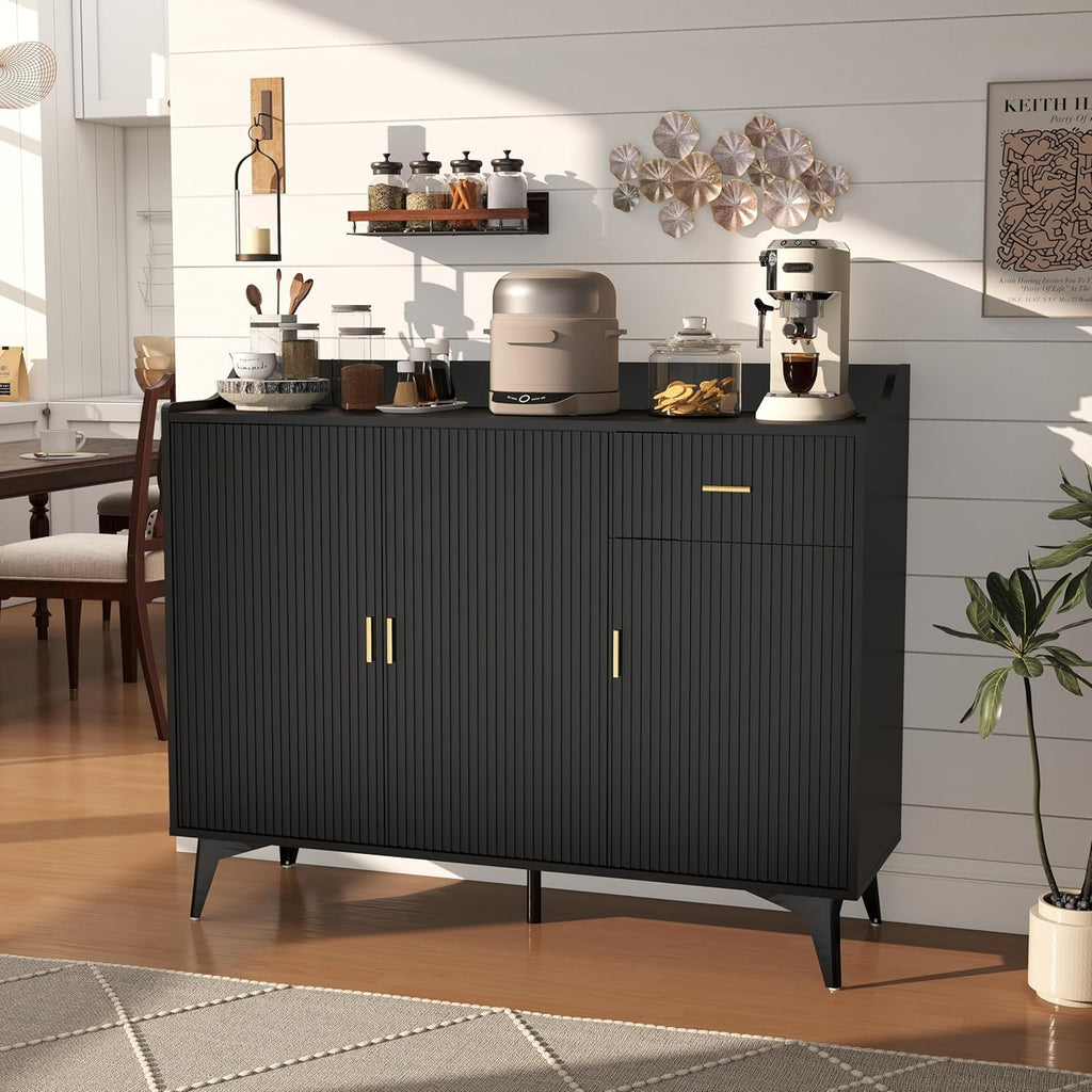 Sideboard Buffet Cabinet with Drawers: 47" Black Fluted Sideboard Cabinet with Storage, Modern Kitchen Cabinets Storage, Credenzas for Living Room (47")