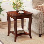 PADMA HOUSE Traditional Wood End Table with Storage Shelf, Square Solid Wood Sofa Side Table with Curved Legs, 2-Tier Wooden Bedside Tables in Cherry for Living Room,19.7 * 19.7 * 23.8in