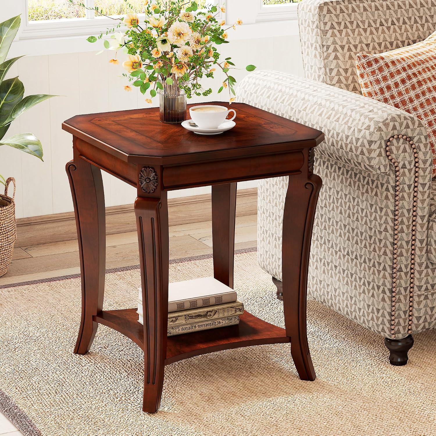 PADMA HOUSE Traditional Wood End Table with Storage Shelf, Square Solid Wood Sofa Side Table with Curved Legs, 2-Tier Wooden Bedside Tables in Cherry for Living Room,19.7 * 19.7 * 23.8in
