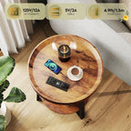 WLIVE Small Round Side Table with Charging Station, Round Coffee Table, 2 Tier End Table for Living Room/Bedroom, Sofa Couch, Easy to Assemble, Wood Tabletop & Metal Frame, Rustic Brown