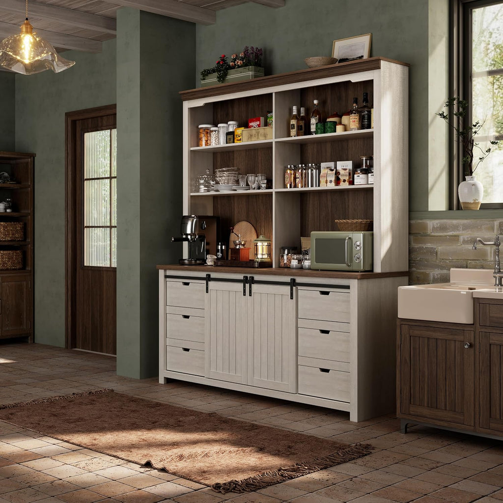 Sweet Memory 78.8" H Farmhouse Kitchen Hutch Cabinet with 3-Tier Open Shelves, Storage Pantry Cabinet with Wide Countertop, 6 Drawers and Barn Door Buffet Pantry with Storage for Dining/Living Room
