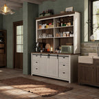 Sweet Memory 78.8" H Farmhouse Kitchen Hutch Cabinet with 3-Tier Open Shelves, Storage Pantry Cabinet with Wide Countertop, 6 Drawers and Barn Door Buffet Pantry with Storage for Dining/Living Room