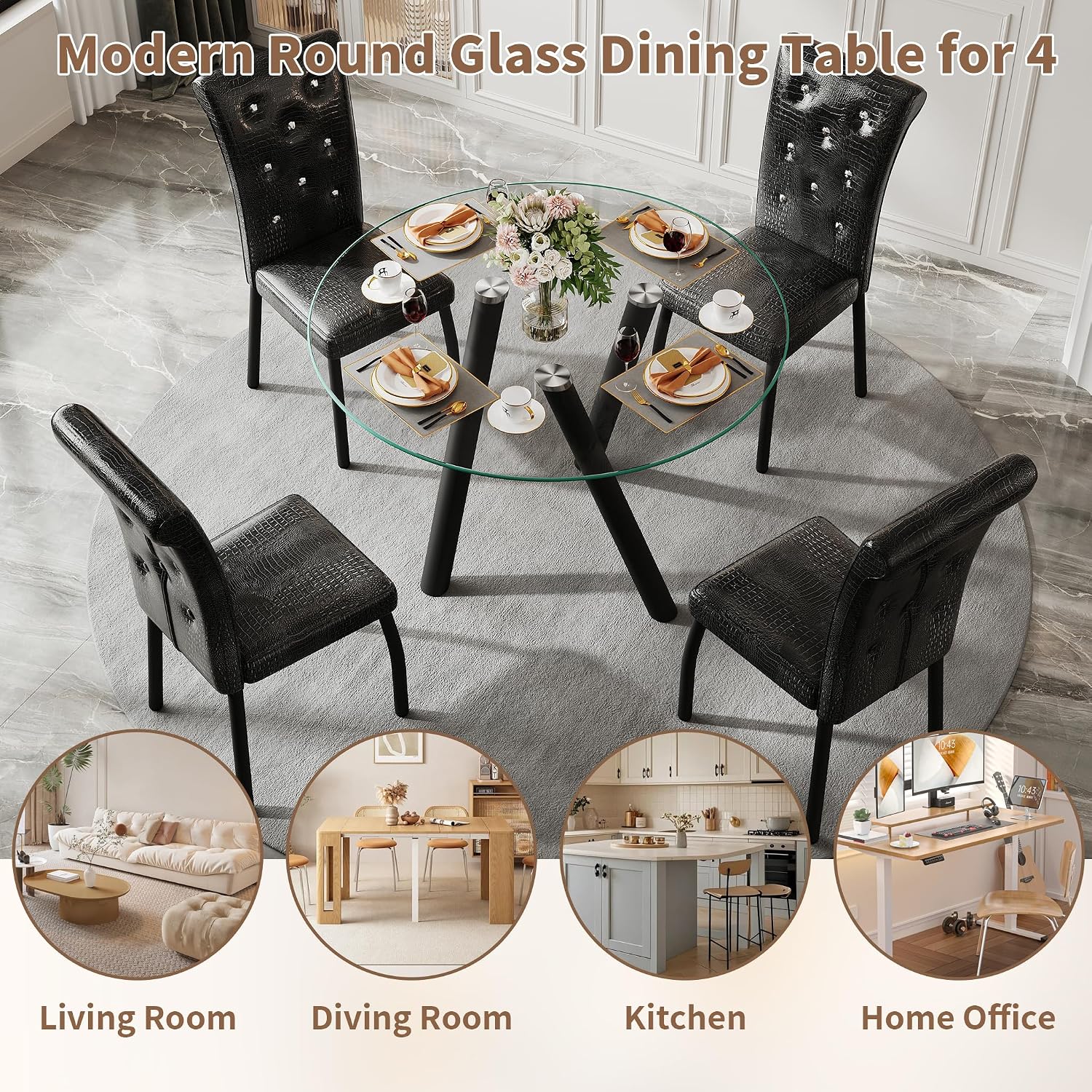 35" Round Dining Table for 4, Modern Round Glass Dining Table with Metal Legs, Round Kitchen Table for Dining Room Home Office Small Spaces