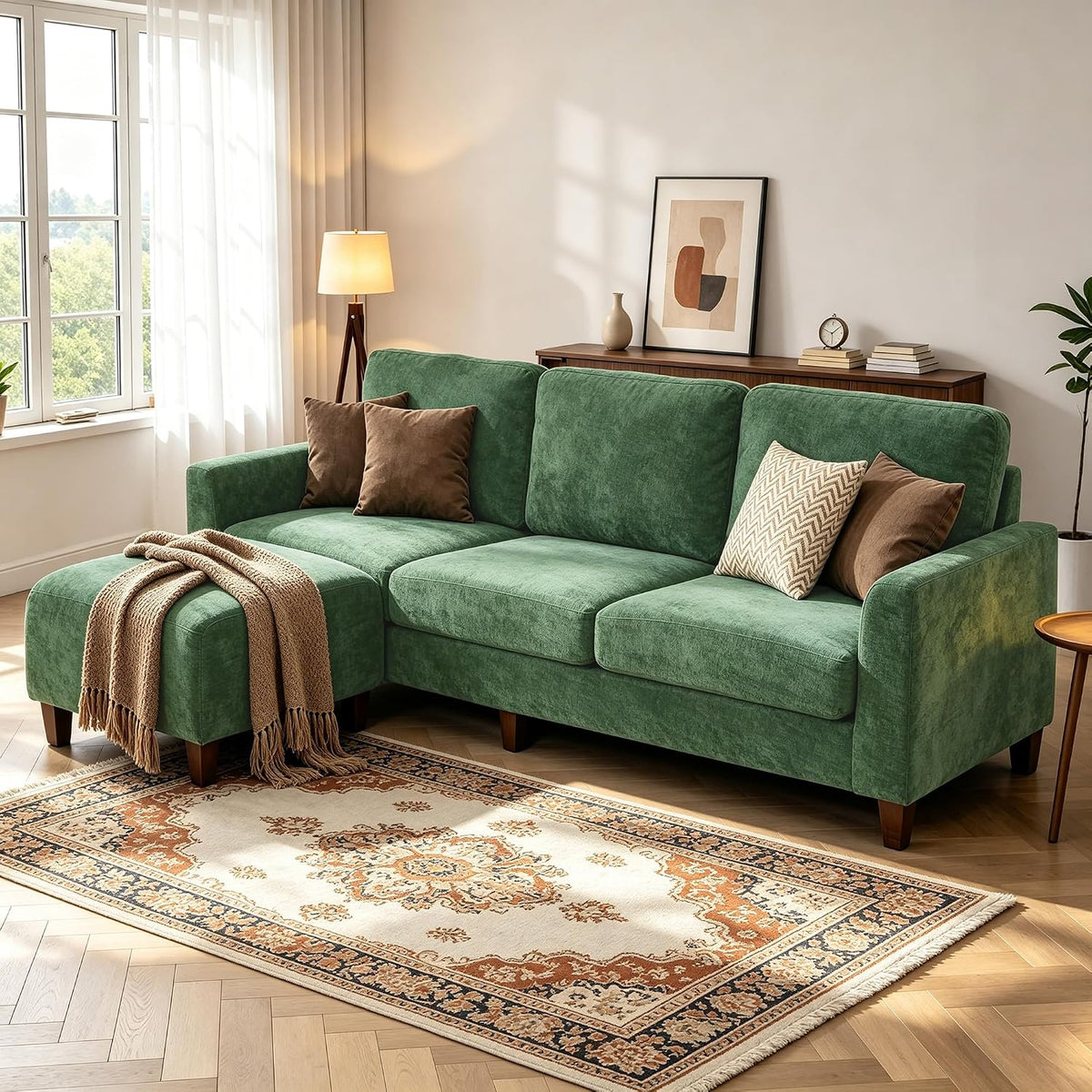 L Shaped Sectional Couch for Living Room, Modular Small Sofa with Ottoman | 96 Inch, 3 Deep Seats, Green, Chenille, Easy Tool-Free Assembly, Modern Compact Sofa Set for Apartment, Office, Small Space