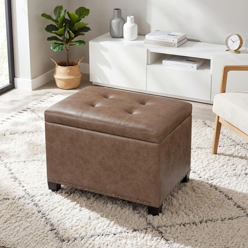 Homebeez 22" Storage Ottoman Coffee Table with Flip Top Tray, Tufted Faux Leather Footrest Stool with Nailhead Trim, Large Foot Rest for Living Room, Taupe Brown