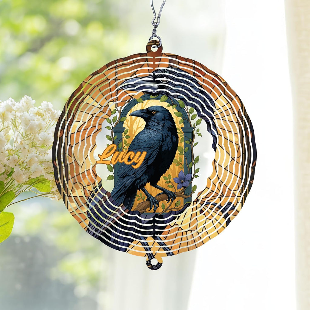 Personalized Raven Wind Spinner 3D Stainless Steel, Raven Garden Spinner Hanging Outdoor Decor, Wind Spinners Outdoor, Custom Gift for Grandmother, Mom, Wife