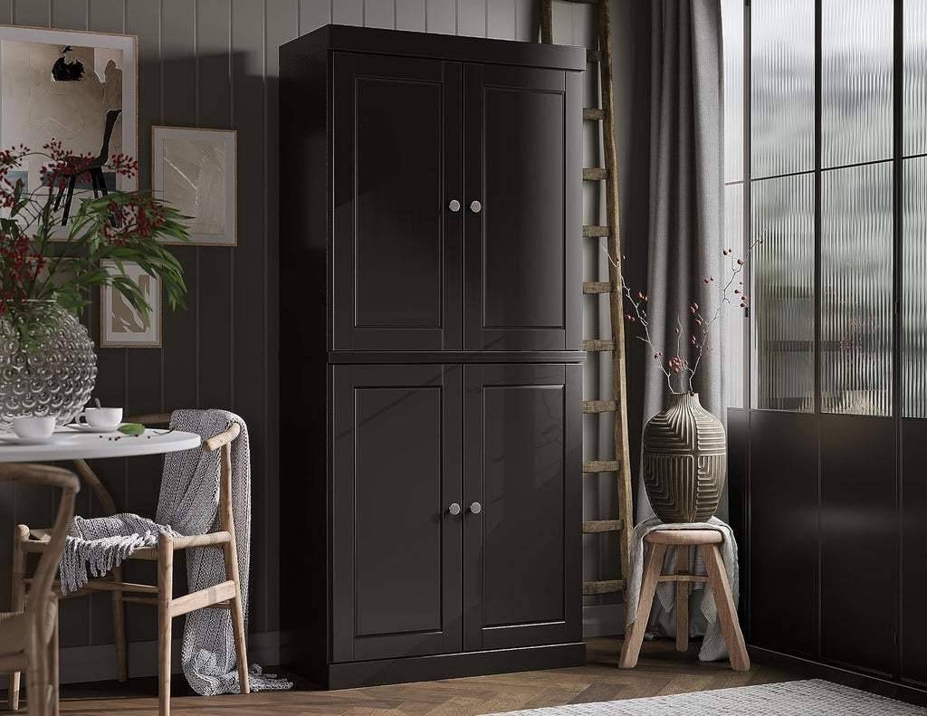 Palace Imports Solid Wood Kitchen Pantry Cabinet - 71.5" Tall x 32" Wide - Wooden Storage Cabinet with 4 Doors & Adjustable Shelves, Black, 100% Renewable Eco-Friendly Wood, Made in Brazil