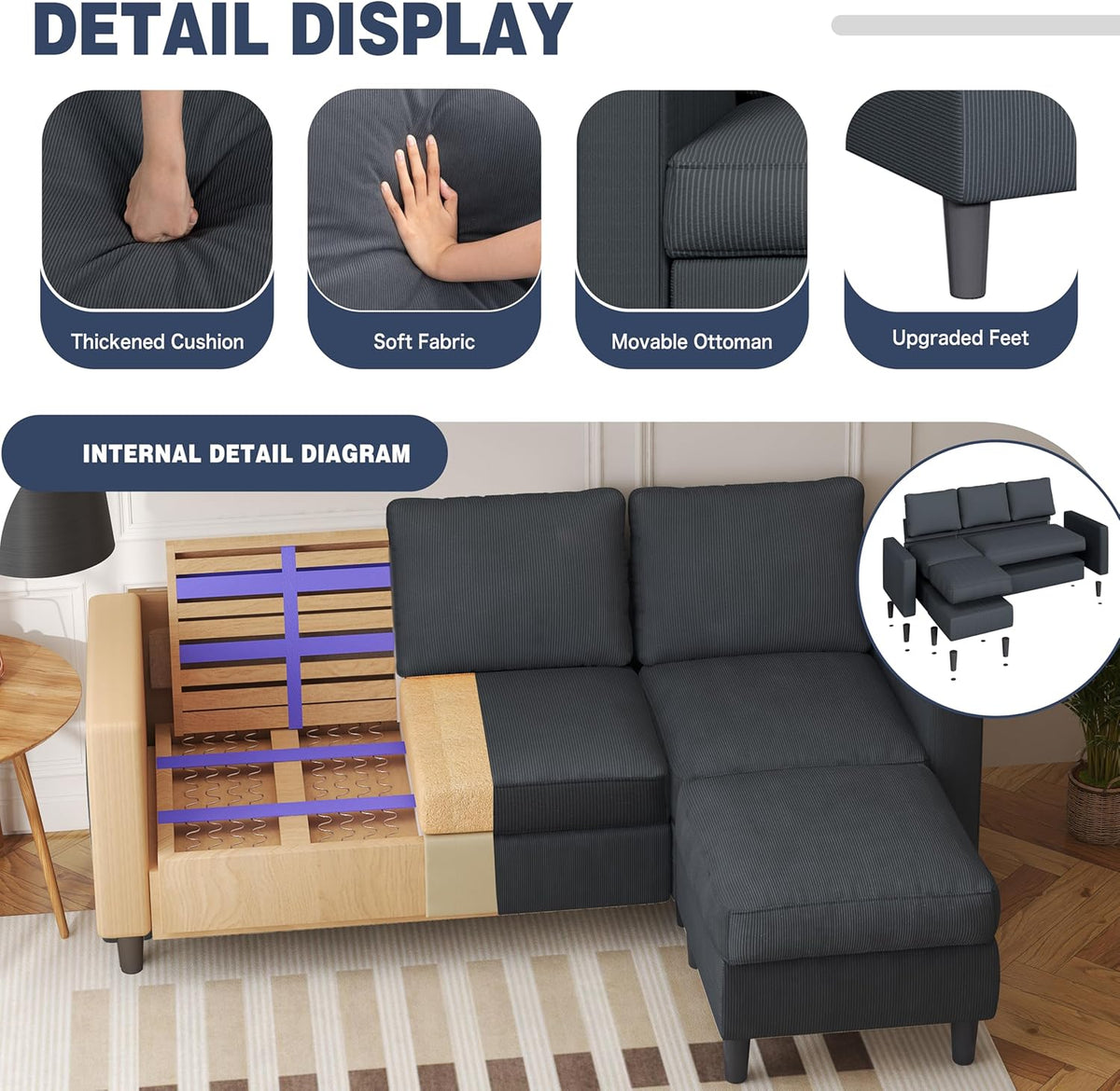 Shintenchi Small Convertible Sectional Couch with Movable Ottoman, 3 Seat L Shaped Sofa with Corduroy, Upholstered Sectional Sofa, Small Couches for Living Room, Apartments, Office (Dark Grey)