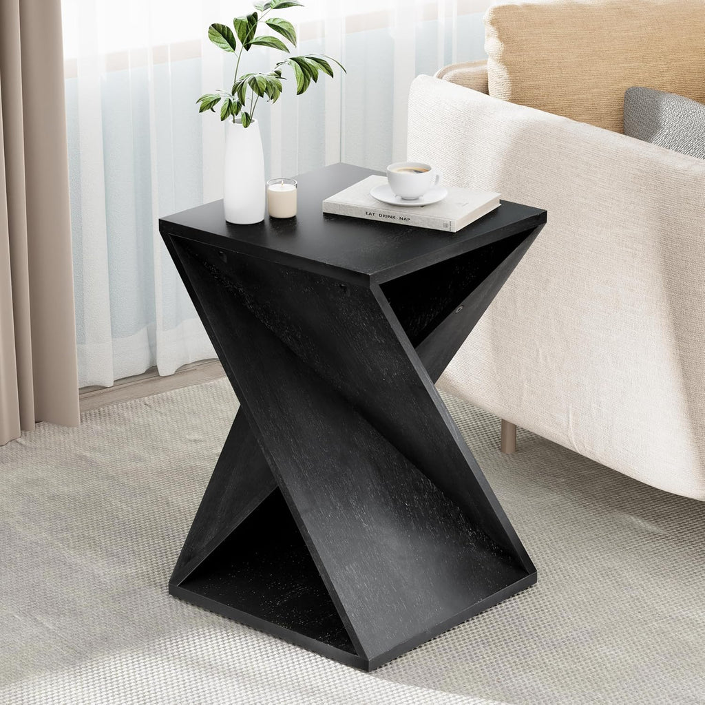 COZAYH Farmhouse End Table Square Solid Wood Pedestal Side Table Rustic Plant Stand with Twisted Design for Living Room, Bedroom, Office, Black