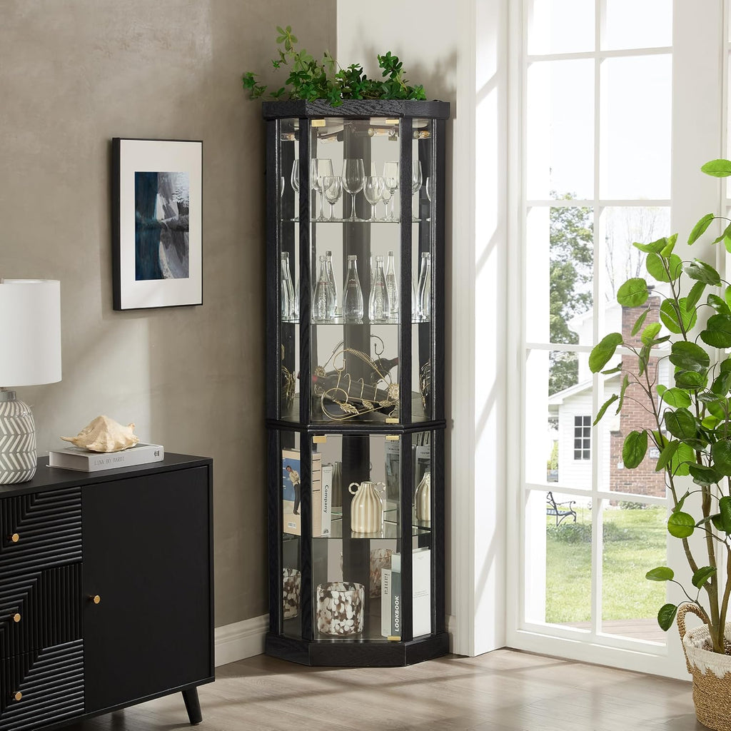 Lighted Corner Curio Cabinet - Elegant Glass Display Case for Living Room & Bar Storage - Perfect for Antique Collections & Wine - Includes Built-in Lighting - Black