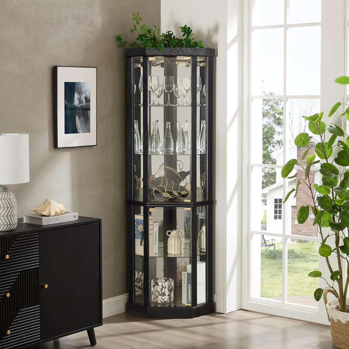 Lighted Corner Curio Cabinet - Elegant Glass Display Case for Living Room & Bar Storage - Perfect for Antique Collections & Wine - Includes Built-in Lighting - Black