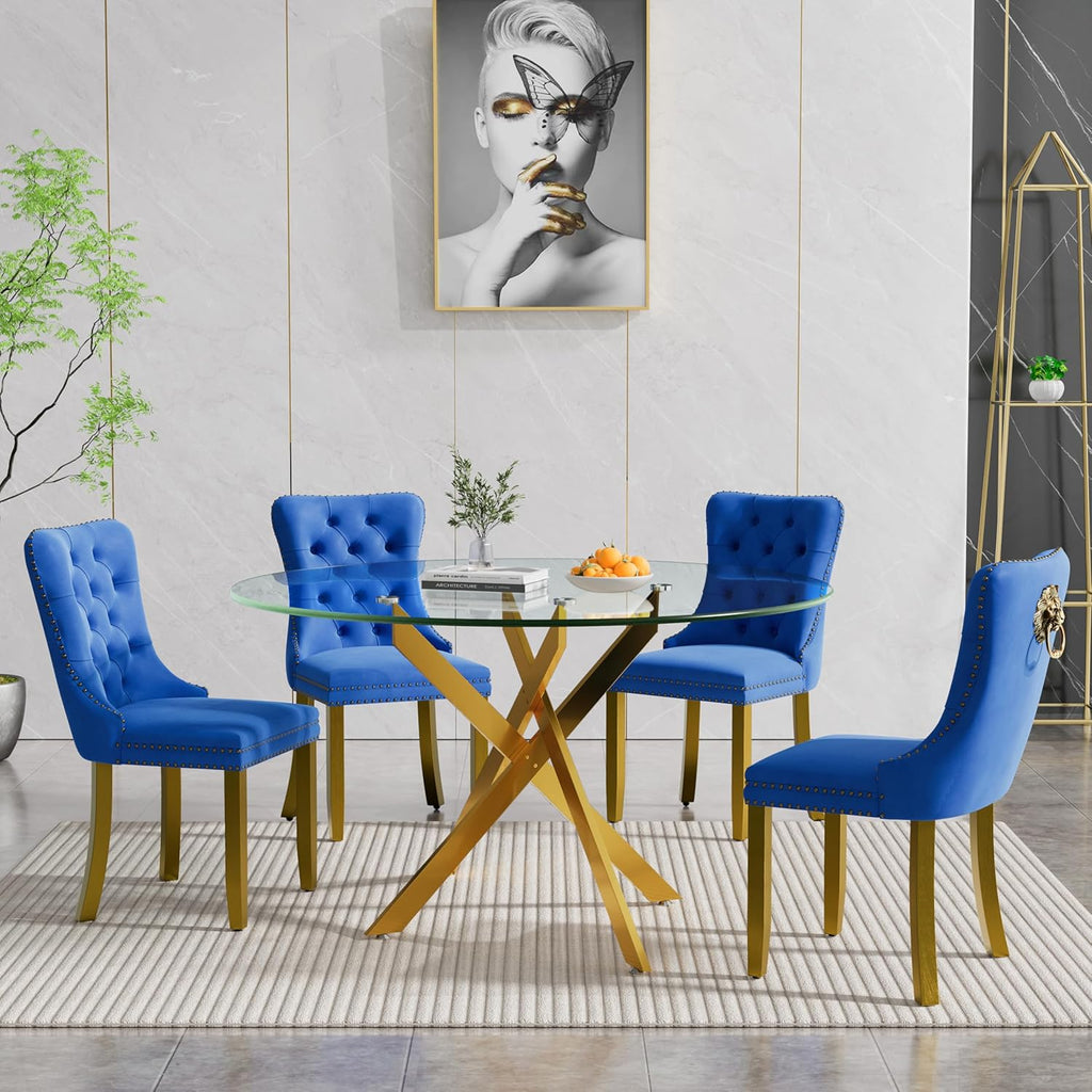 Round Glass Dining Table Set for 4, 47" Circle Glass Dining Table with Gold Metal Legs, Modern Kitchen Table Set for 4 with Velvet Chairs, 5 Piece Dining Table Set for Breakfast Dinette Party, Blue