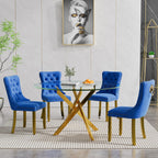 Round Glass Dining Table Set for 4, 47" Circle Glass Dining Table with Gold Metal Legs, Modern Kitchen Table Set for 4 with Velvet Chairs, 5 Piece Dining Table Set for Breakfast Dinette Party, Blue