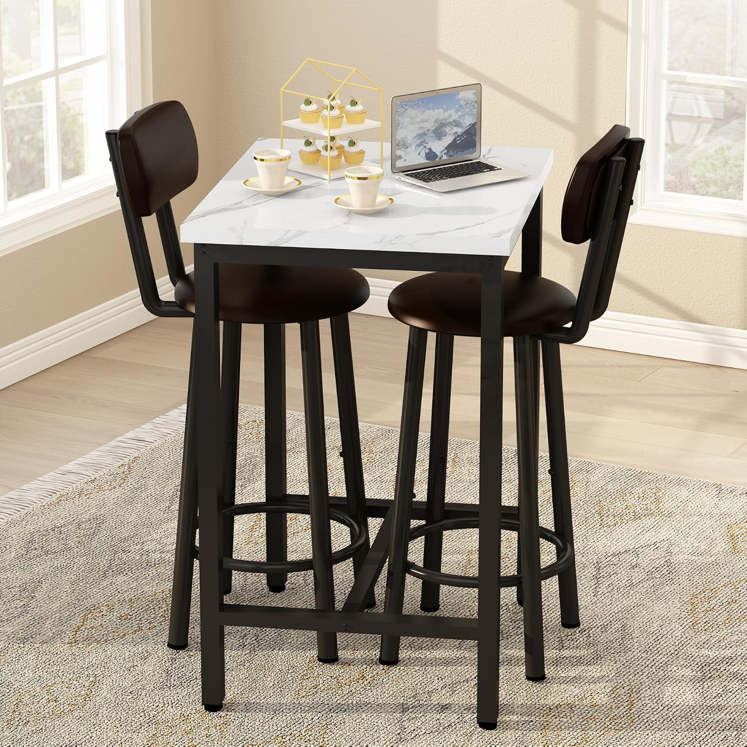 DKLGG Dining Table Set for 2, 24" Square Kitchen Table and Chairs Set with MDF Tabletop & 2 PU Leather Chairs, Bar Pub Dining Set for Small Space Bar Kitchen Living Room Apartment, White
