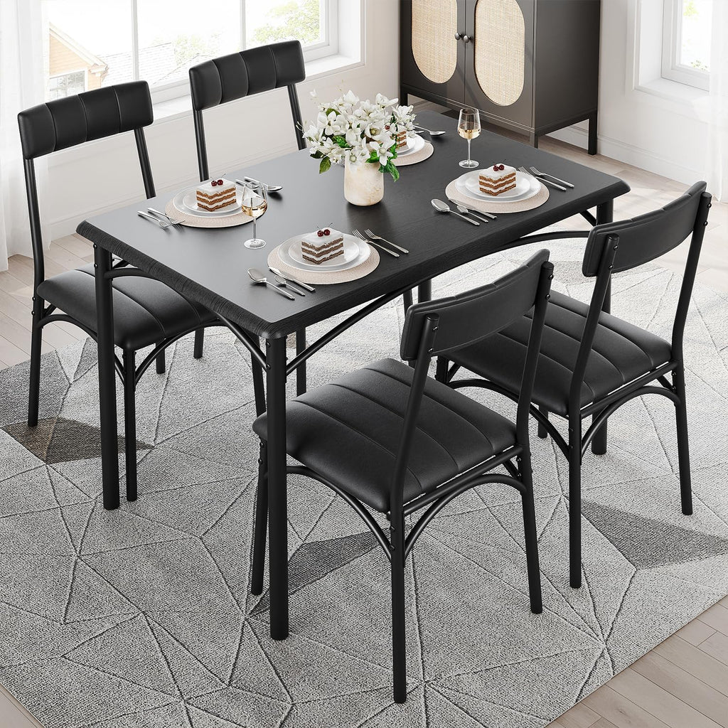 Kitchen Table and Chairs for 4, Rectangular Dining Set with Upholstered Chairs, Perfect for Small Spaces, Rustic Black